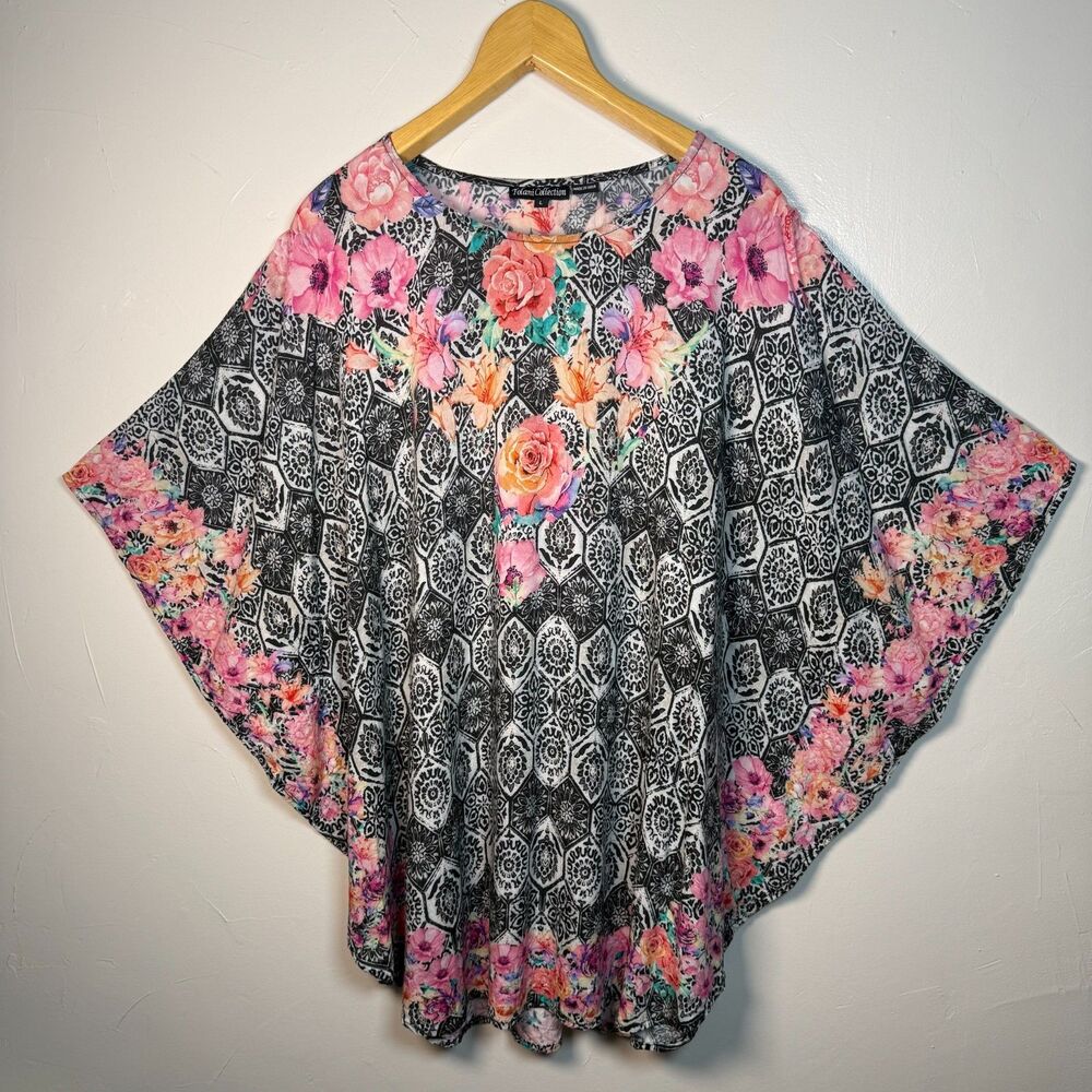Tolani Collection Poncho Top Pink and Black Florals Size Large Modal Boxy Boho